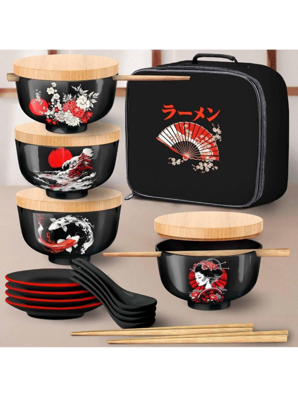 Set of 4 Ceramic Ramen Bowls with Lids - 32 oz Japanese Noodle Bowls